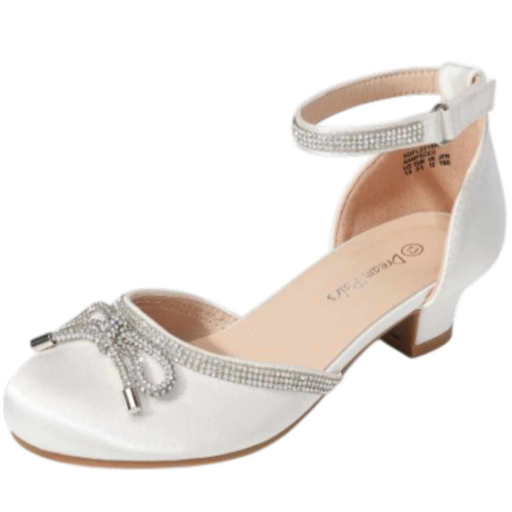 Dream Pairs Girls White Sparkly Rhinestone Bow Low Heel Dress Shoes - Sz 1/EU32